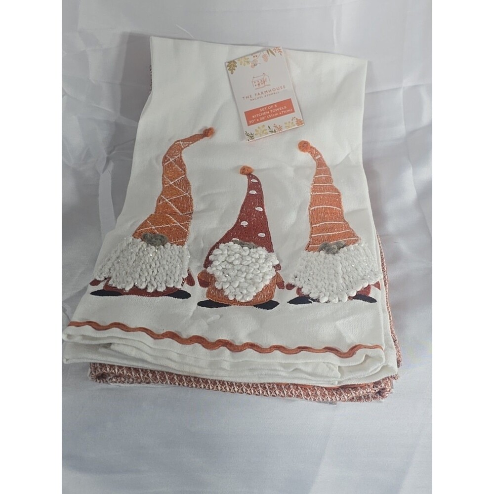 NWT Rachel Ashwell Home Kitchen Tea Towels 100% Cotton 20" X 28" Gnomes